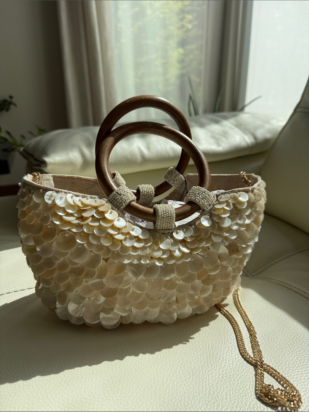 Zara Cream Sequin Tote with Wooden Round Handles